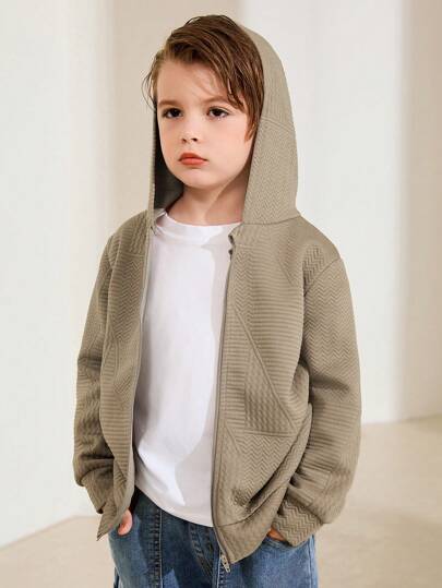 SHEIN 1pc Young Boys' Casual College Style Textured Fabric Jacket, Suitable For Autumn And Winter Kids Cardiganshoodie For Kids Boy