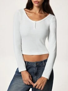 Forever 21 Blue Round Neck Button-Up Long Sleeve Top - White - View 1