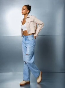 SUMWON WOMEN Crop Fit Drop Shoulder Pinstripe Shirt - Khaki - View 3