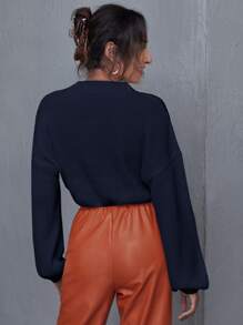 SHEIN Essnce Áo len lửng trễ vai màu trơn giản dị, Thu/Đông - Màu xanh hải quân - Xem 2