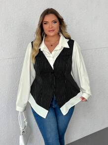 SHEIN CURVE+ 大码女式秋冬条纹拼布休闲/商务衬衫