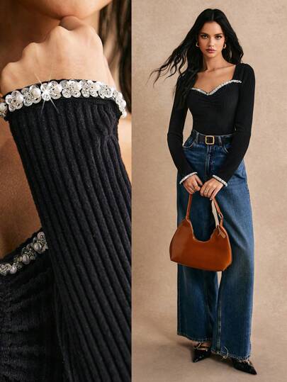 Poéselle Áo thun bó màu đen có cổ trái tim đính ngọc trai giả và thiết kế xếp ly, tiệc sang trọng, áo mùa đông