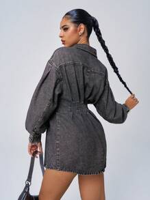 Jeanoix 1 chiếc váy sơ mi dài tay hở vai denim bó sát thanh lịch dành cho nữ - Xám - Xem 3
