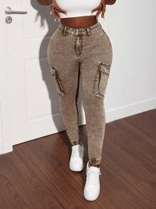 Slaydiva Pantalones cargo ajustados para mujer en caqui, denim elástico - Caqui - Ver 7