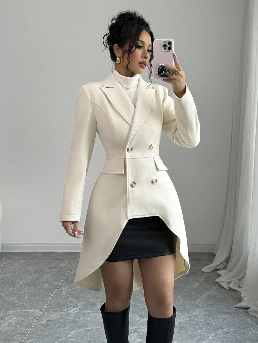 Elenzga Women Long-Sleeve Coat With High Low Design, Apricot Color, Elegant Fit, Autumn/Winter Fall Cloth For Women