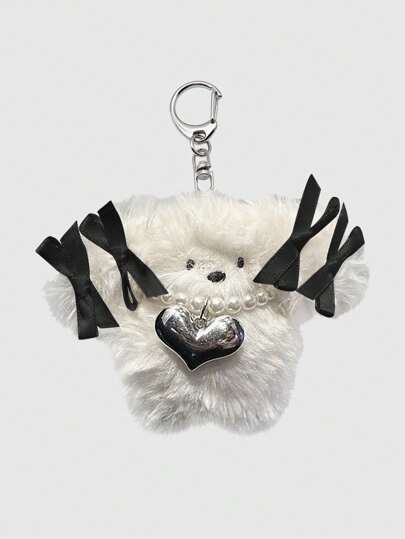 Kawaii 1 pièce Mignon porte-clés poupée en peluche de style coréen INS avec ruban, perle et design de chien de dessin animé