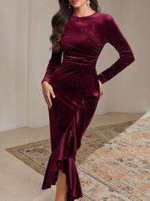 Modelyn Women Elegant Long Dress With Round Neck And Ruffle Trim Detail, Solid Color For Autumn Long Evening Dresses - Burgundy - View 7