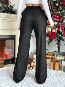 SHEIN EZwear Women's Elegant Shiny Slim Fit Pocket Pants - Black - View 2