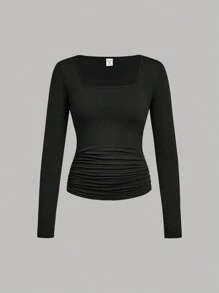 SHEIN Girlism 青少年女孩买 1 送 2 3 件套休闲纯色方领褶皱长袖 T 恤套装 - 深灰色 - 查看 10