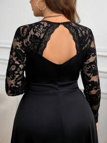 SHEIN Clasi Women Plus Size V-Neck Long Sleeve Lace Patchwork Elegant Dress, Autumn - Black - View 3