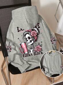 INAWLY Áo nỉ trùm đầu thường ngày cỡ lớn cho nữ có nơ màu hồng, hình đầu lâu và chữ cái tiếng Anh in hoa, vai trễ, tay dài, màu đen - Xám - Xem 1