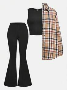SHEIN Girlism Teen Girls 3pcs Plaid Long Sleeve Shirt, Crop Top & Flare Leg Pants Set, Casual Outfit For Fall
