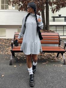 SHEIN EZwear Women Casual Pleated Hem Sweatshirt Dress For Autumn/Winter - Grey - View 1