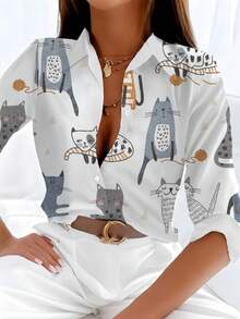 母亲节猫咪印花节日风格休闲纽扣长袖衬衫，女款