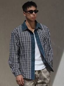 DAZY Men's Checkered Print Button-Front Casual Long Sleeve Shirt, Autumn - Grey - View 1