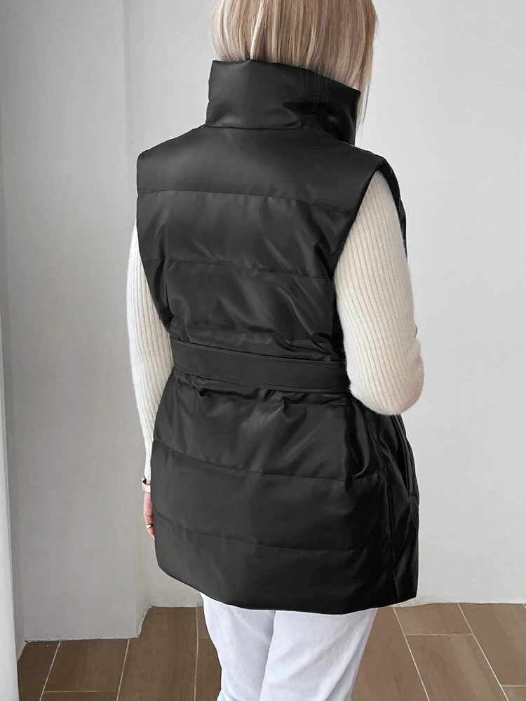 Women's Solid Zipper Collar Pockets Casual Down& Feathers Vest Jacket, Winter
