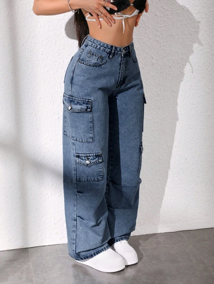 SHEIN ICON Calça Denim Larga com Bolso de Abas, Ajuste Solto, Estilo Casual Streetwear, para Mulheres - Lavagem Média - Visão 1