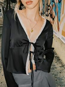 SHEIN X Belinda SHEIN EZwear Autumn/Winter Long Sleeve T-Shirt With Satin Sheen, Lace Trim, Bow-Tie Neckline - Black - View 3