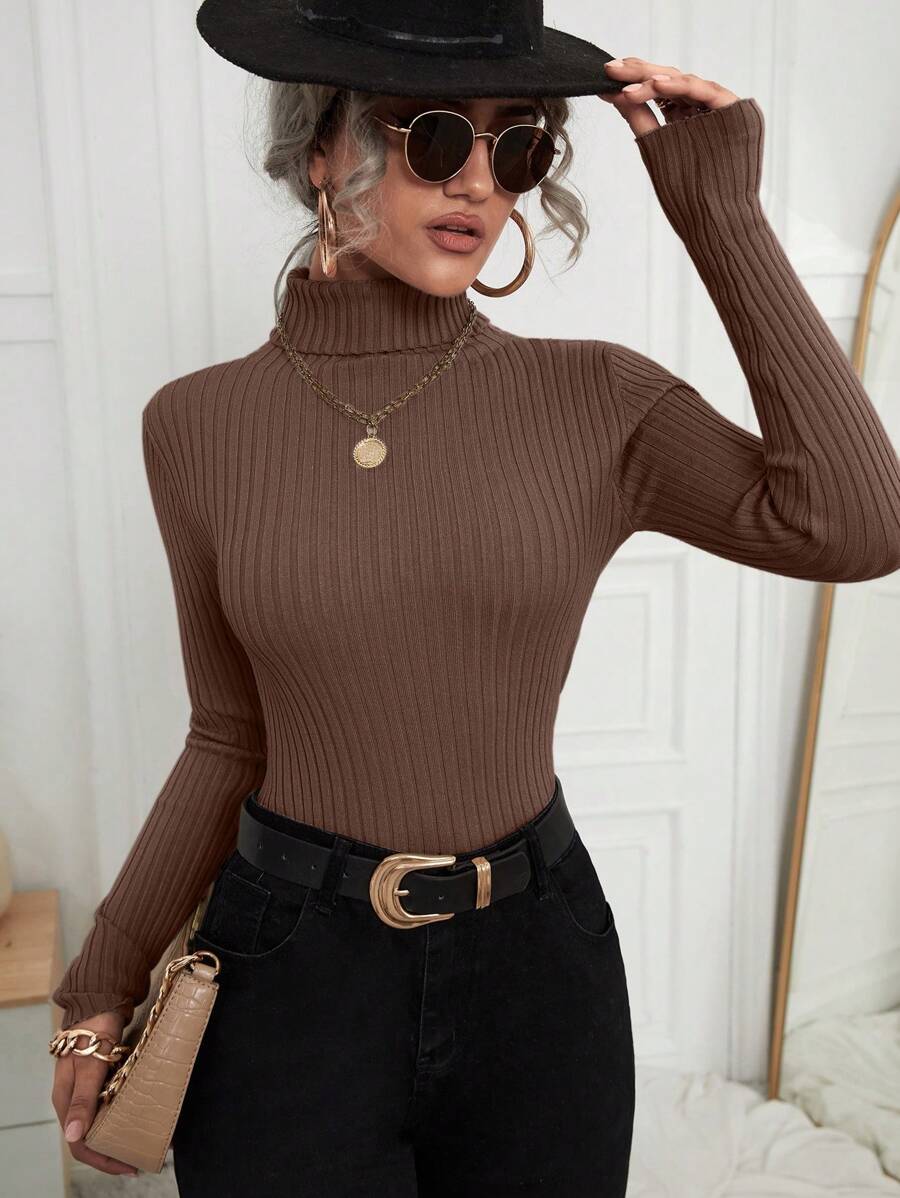 EMERY ROSE Casual Solid Color Turtleneck Fitted Sweater, Autumn & Winter Knit Pullover Fall Outfit - Coffee Brown - View 1