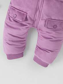 Baby Girls' Hooded Zipper Closure Teddy Fleece Romper, Comfortable Casual Warm Winter Outfit, New 2024 Collection