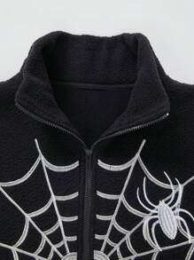 ROMWE MEN Goth Chaqueta casual con cremallera delantera para hombres con estampado de araña, diseño minimalista, Halloween