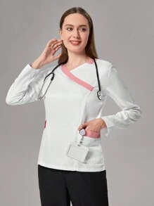 TaskEZ Blusa de uniforme casual tipo bata con mangas largas, bolsillo y bloqueo de color para mujeres
