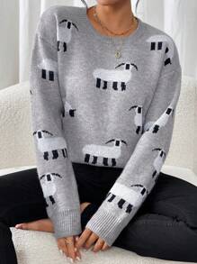 Seusyu Áo len nữ tay dài cổ tròn họa tiết hoạt hình, kiểu dáng thường ngày, thích hợp mặc mùa thu đông. - Xám - Xem 1