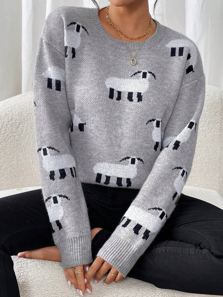Seusyu Áo len nữ tay dài cổ tròn họa tiết hoạt hình, kiểu dáng thường ngày, thích hợp mặc mùa thu đông. - Xám - Xem 1