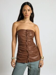 AiiRZ Luxury Vegan Leather Corset Top Sleeveless Button Front Ruched Waistcoat Fall Winter Party Evening Bodycon Fashion Vest - Brown - View 1