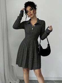 Chiquease 女式纯色前扣扭纹针织休闲长袖毛衣连衣裙