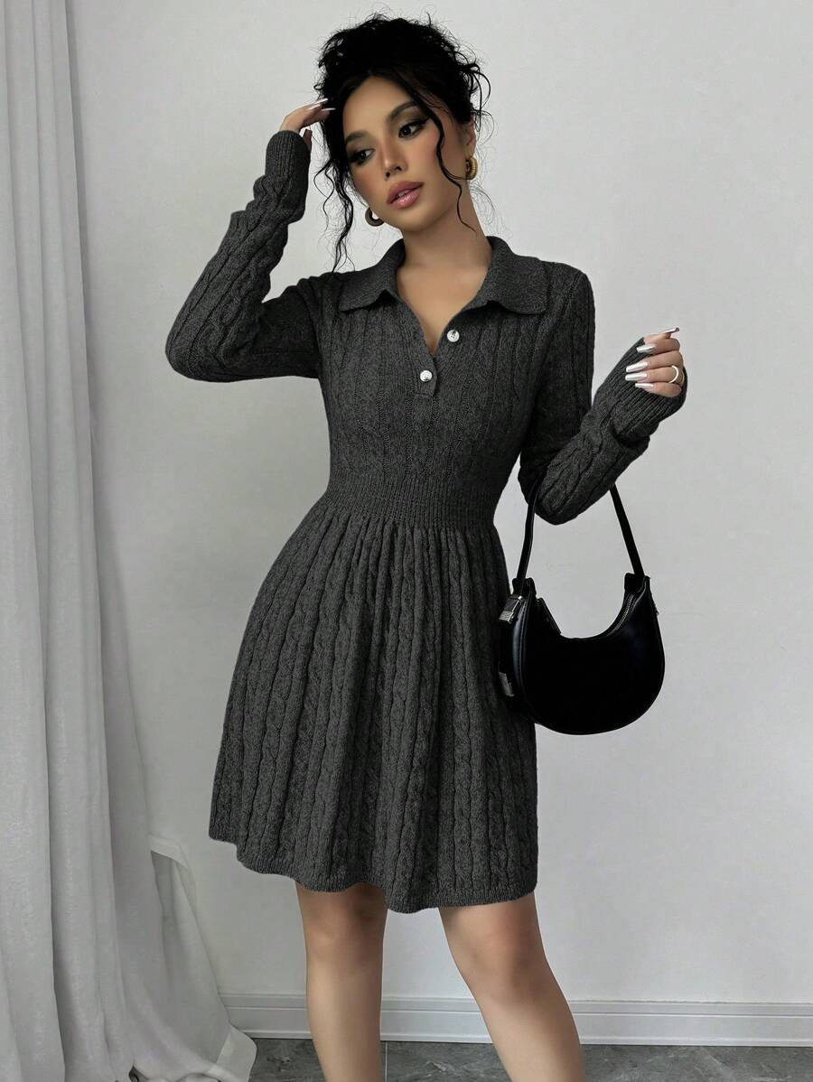Chiquease 女式纯色前扣扭纹针织休闲长袖毛衣连衣裙
