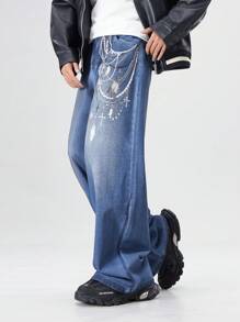 ROMWE MEN Street Life Men's Graphic Print Pocket Casual Baggy Jeans