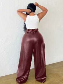 Slaydiva Plus Size Women High Waist Wide Leg Pants With Pockets And Belt, Elegant & Party & Casual Style, Solid Color, Spring Autumn, Winter - Burgundy - View 2