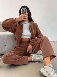 RueChic 2 件套女士休闲运动拉链连帽衫夹克和抽绳裤，秋季 - 棕色 - 查看 1