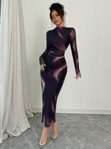 Selianne Đầm lưới in họa tiết ombre co giãn thanh lịch cho nữ Maxi Trang phục nữ - Màu tím - Xem 5