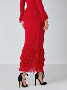 Enchnt Jupe-pull maxi à ourlet duveteux de couleur unie pour femmes, automne/hiver