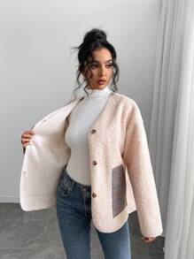 SHEIN Unity 格纹拼布超大羊羔绒夹克 - 杏色 - 查看 3