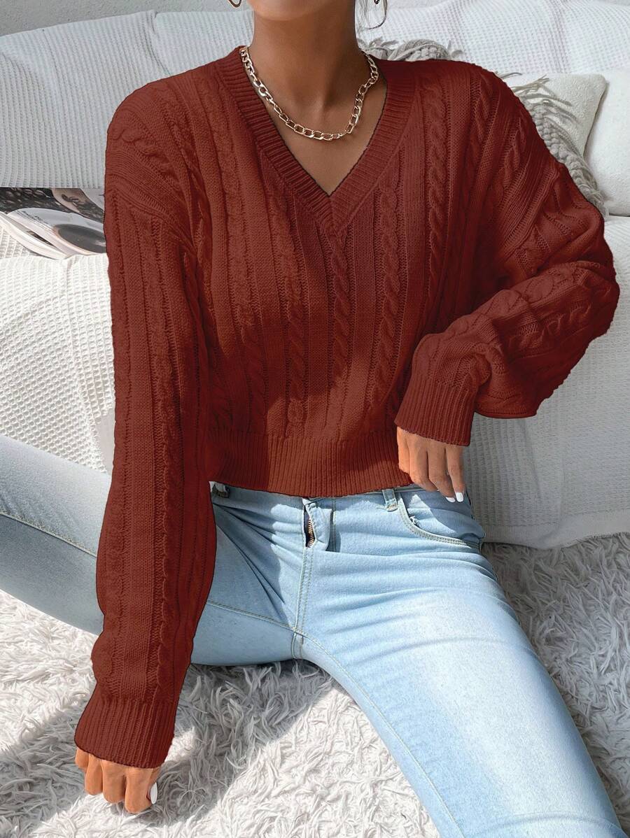 Chiquease Women Solid Color V-Neck Long Sleeve Pullover Sweater, Autumn/Winter Knit Pullover Fall - Rust Brown - View 1