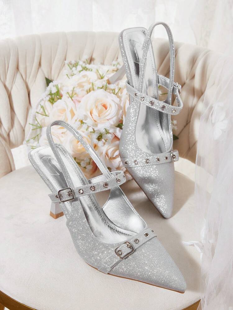 CUCCOO HITCHD Sexy Metallic Pointed Toe Double Chain Backless High Heel Shoes, Modern Party Spring Shoes Spring Break Easter Prom Heels