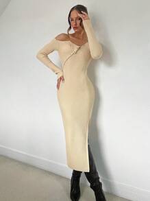 Chiquease Vestido suéter feminino ombro de fora cor sólida manga comprida slim fit elegante, outono - Caqui - Ver 3