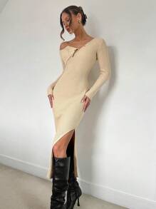 Chiquease Vestido suéter feminino ombro de fora cor sólida manga comprida slim fit elegante, outono - Caqui - Ver 5