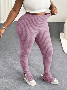 Slaydiva 大码休闲罗纹松紧腰喇叭裤，侧开衩，海军蓝 - 淺粉色 - 查看 3