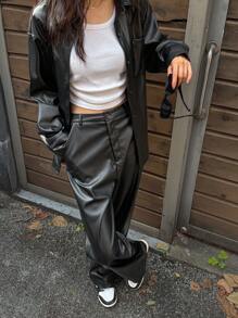 DAZY Women 2pcs Set PU Solid Color Long Sleeve Top And Pants, For Autumn/Winter