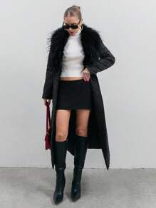 EURMUSE 长款拼接棉衣，带领子，毛皮细节，绗缝面料