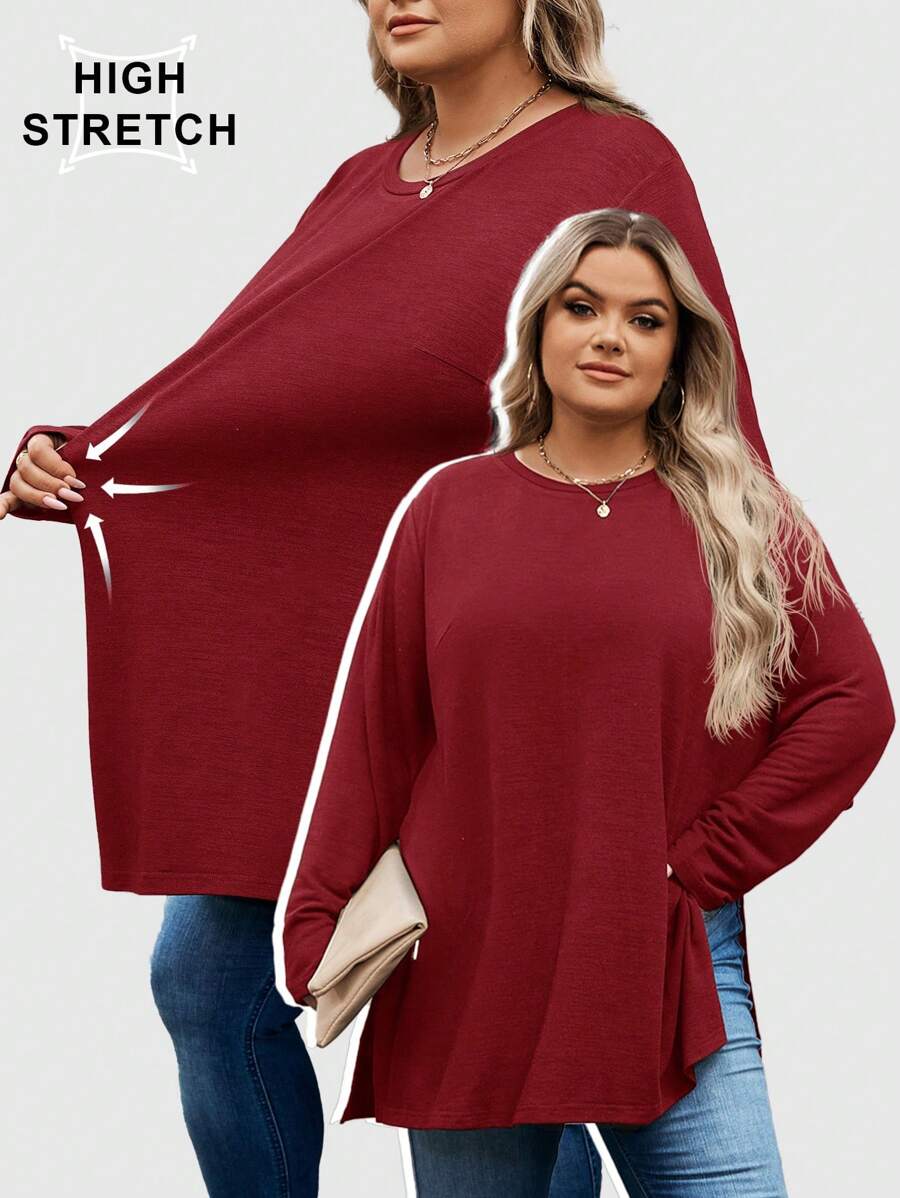 SHEIN CURVE+ 大码休闲基本款侧开衩羊绒汗衫，适合日常和居家穿着 - 紅色 - 查看 1