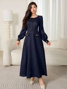 Modelyn Vestido largo con mangas de farol y ribete de cinta elegante para mujer, vestido largo para eventos de otoño e invierno
