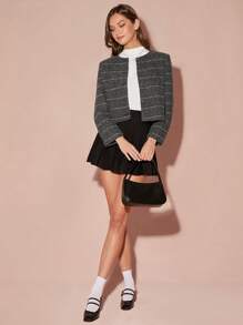 Enchnt 女士优雅休闲条纹短款夹克，秋季 - 灰色 - 查看 4