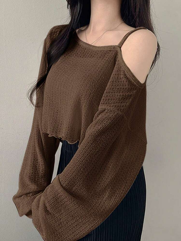 Women Casual Solid Color Oblique Shoulder Asymmetrical T-Shirt, Autumn Long Sleeve Women Tops,Fall Women Clothes Crop Women Tops