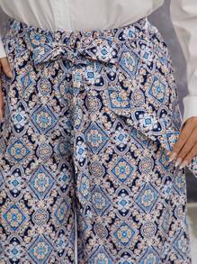 SHEIN VCAY Plus Size Print Waistband Tie Flared Pants, Bohemian Wild West Vacation Casual Trousers For Autumn - Multicolor - View 6