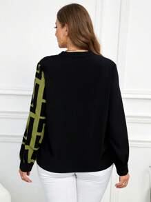 SHEIN Clasi Blusa elegante de manga larga con cuello con muesca, estampado geométrico y contraste de colores para tallas grandes